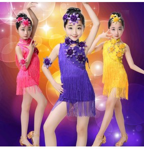 Violet purple yellow hot pink fuchsia backless girls kids children rhinestones competition professional performance school play latin salsa costumes outfits dresses